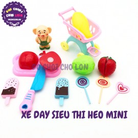 Bộ đồ chơi xe đẩy siêu thị HEO mini chở kem bằng nhựa